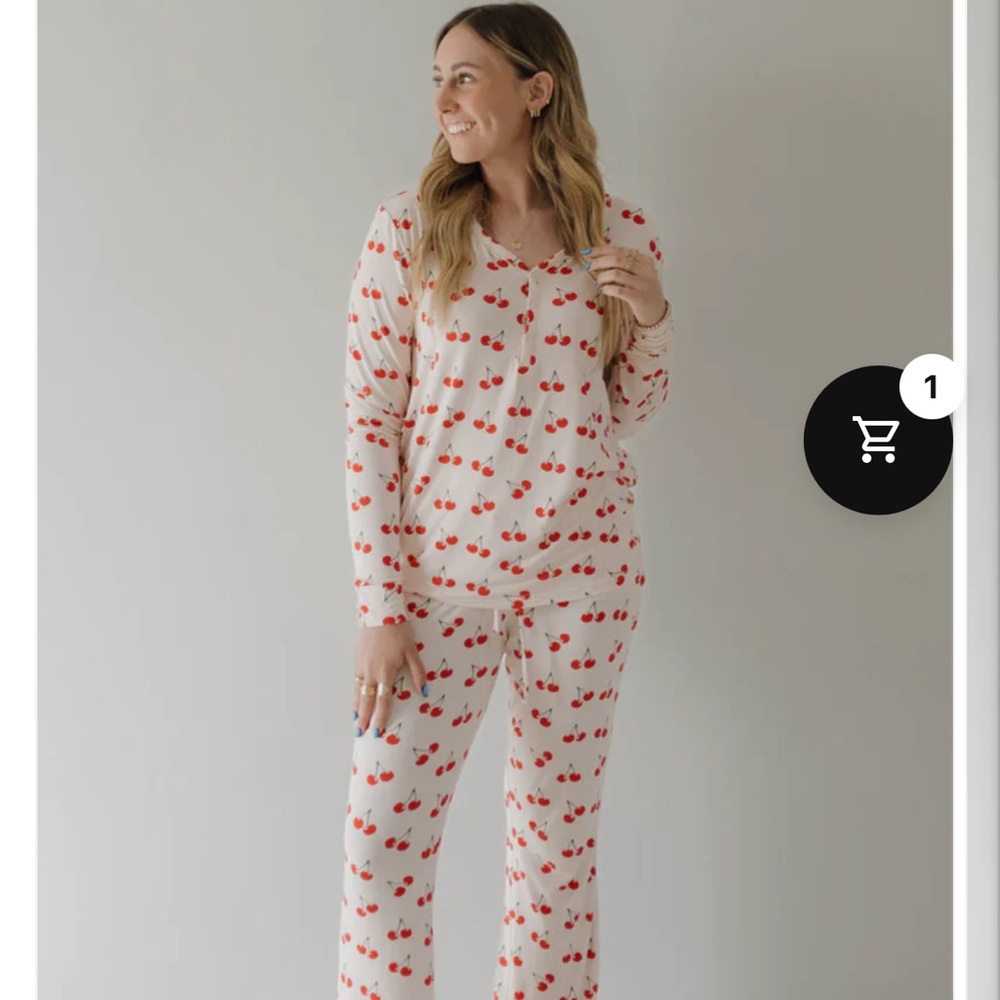 Forever French women’s bambooCherry-Print Long Sleeve Pajama Set light pink &Red